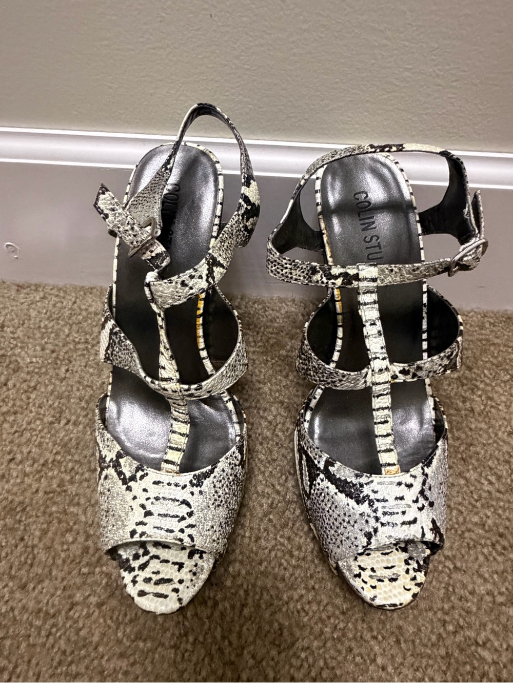 Colin Stuart Black & White Snake-Print Strappy Heels